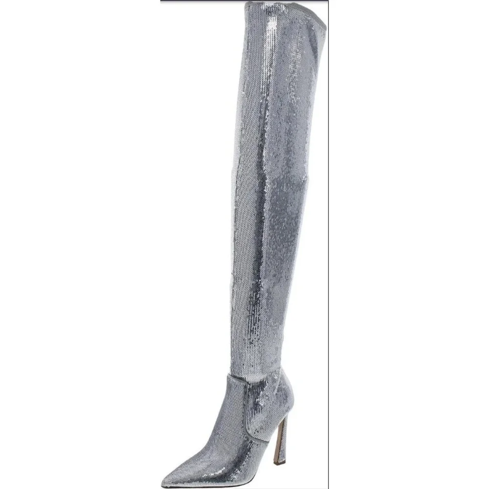 Steve Madden Thigh High Boots Silver Sequin Stretch Pointed Toe Womens 8 NEW
